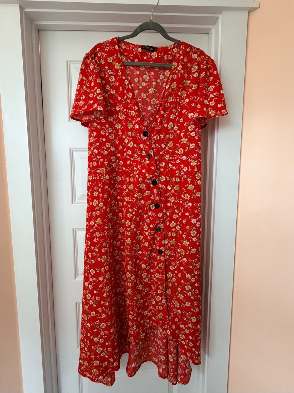 Reborn Red Floral Button-Front Midi Dress
